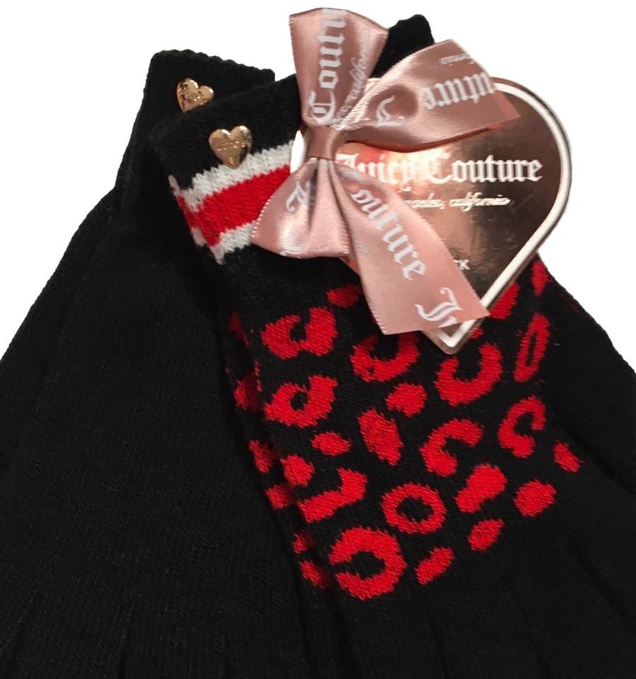 JUICY COUTURE 2 PARES GUANTES DE PUNTO PARA MUJER NEGRO ROJO LEOPARDO ~ NEGRO LISO OS NUEVOS CON ETIQUETAS Foto 2 de 4