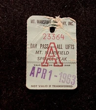 MT. MANSFIELD Vtg 4/1/1963 Ski Lift Ticket Stowe VERMONT Skiing Souvenir Travel