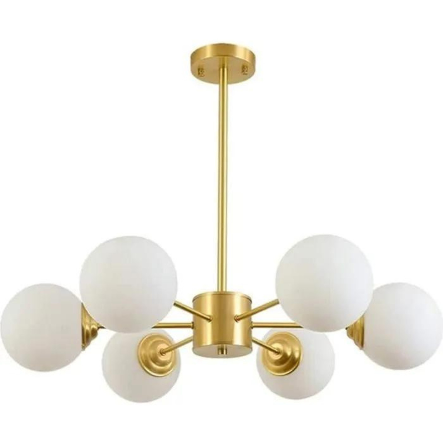 Lustre Spoutnik en laiton doré à 6 globes de verre blanc et douilles E27 pour salon