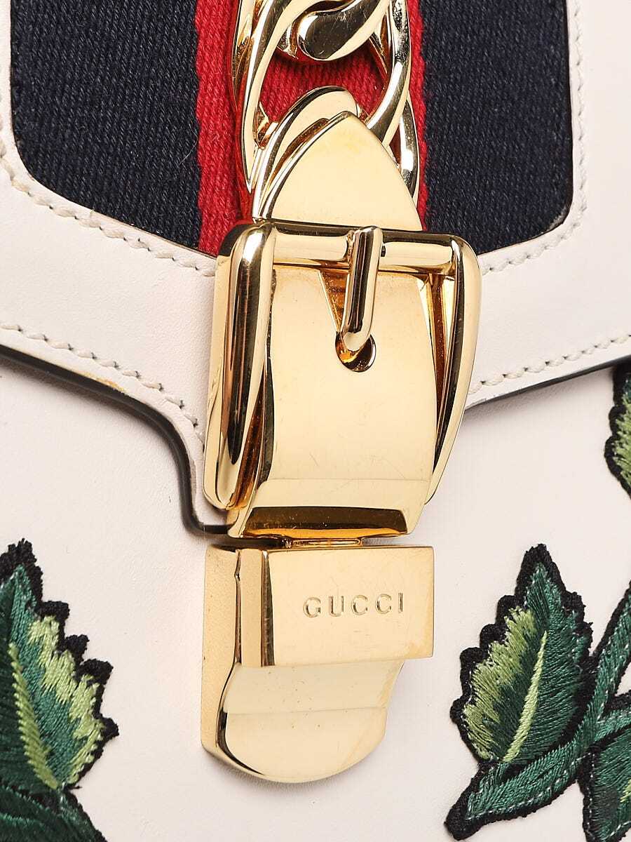 Gucci White Leather Floral Embroidery Small Sylvie Shoulder