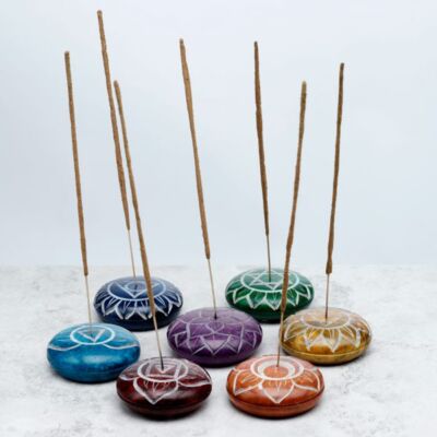 Speckstein RÄUCHERSTÄBCHEN-HALTER m. Chakra-Symbol + 1x Chakra-Stäbchchen gratis