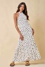 Blue Blush Modern Print Smocked Halter Maxi Dress 