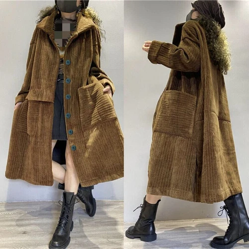 Womens Single Breasted Lapel Collar Corduroy Trench Coat Warm Liner - Bild 2 von 6