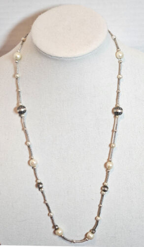 CAROLYN POLLACK Relios Sterling Silver Stamped BEAD PEARL STATION NECKLACE 28” - Picture 2 of 9