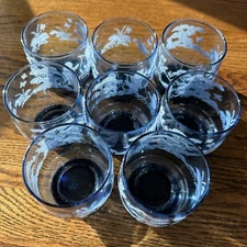 Vintage Libbey Glasses Mary Gregory Blue White Raised Design 8 pc Set 3 3/8”