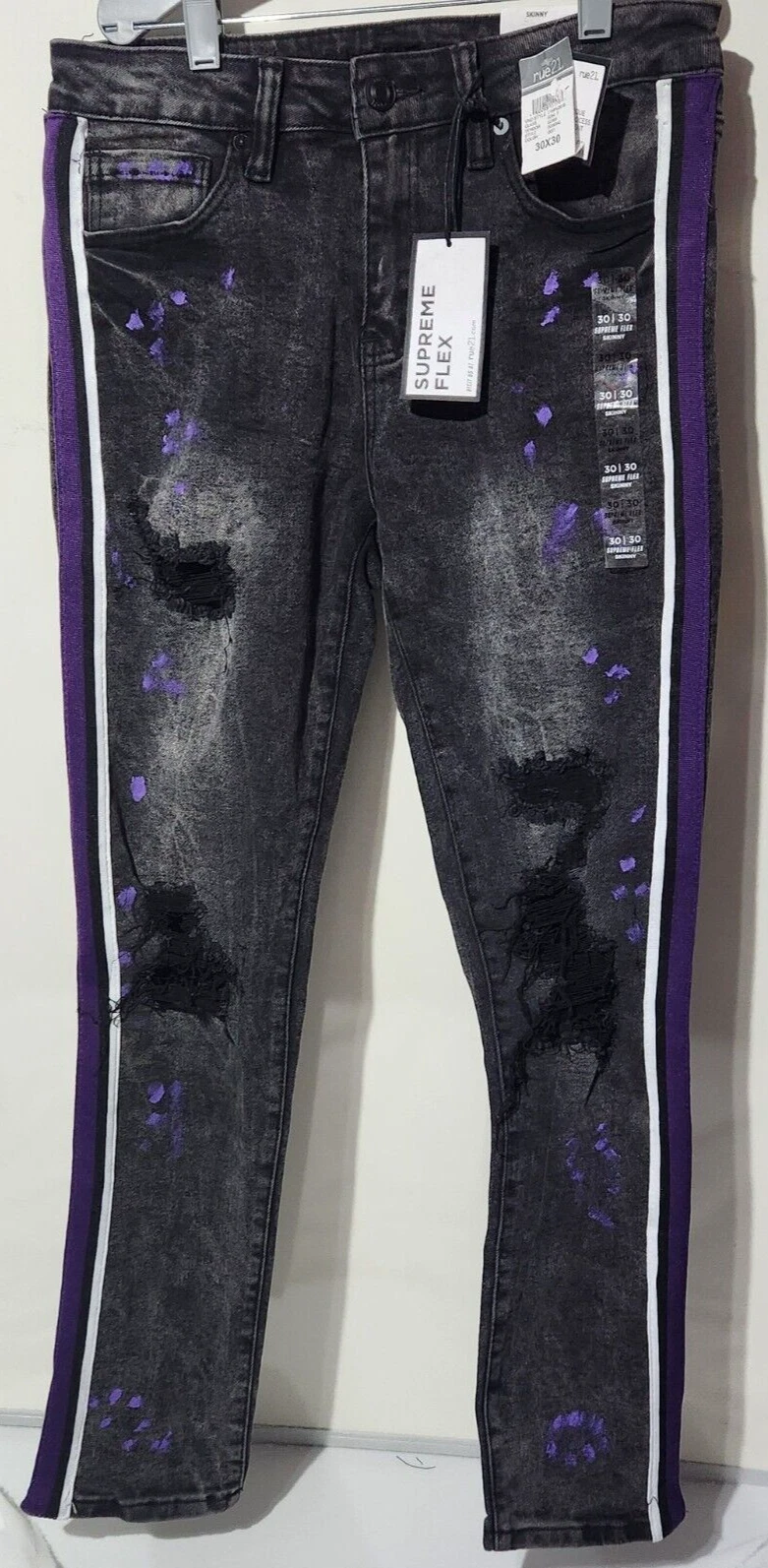 Jean homme Rue21 30x30 noir Supreme Flex skinny rayures violettes vieilli neuf avec étiquette