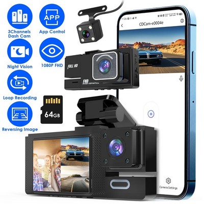 1Pc WiFi FHD 1080P Car Dash Cam 3 Channels Front Rear Inside Dash Camera With Lo