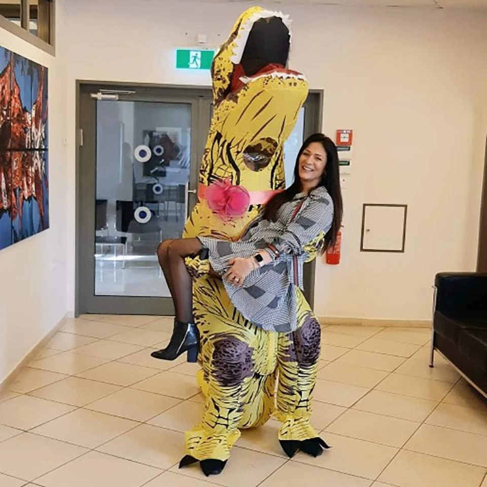 Fantasia de dinossauros infláveis roxa T-Rex roupa adulto cosplay festa - Imagem 4 de 4