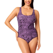 Lands' End Women's Purple Paisley Ruching One-Piece Low Leg Swimsuit NWT Large