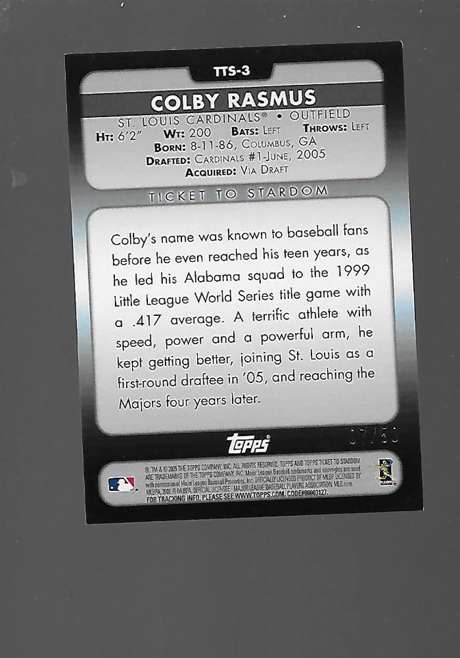 2009  Colby Rasmus, Topps, Ticket To Stardom, Gold, Numbered 07/50 - Image 2 of 2