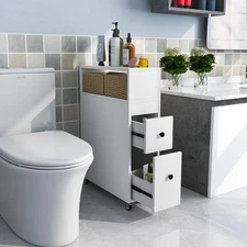 NNECW Slim Bathroom Storage Cabinet Movable with 2 Drawers-White