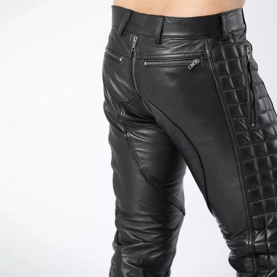 Men Real Leather Quilted Pants with Zipper Sheep/Lambskin Leather Biker Trouser  - Image 2 of 2
