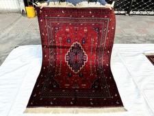 Red Hand Knotted Afghan Medallion Rug 3x5 ft Fine Turkmen Nomadic Persian Carpet