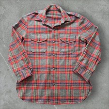 1950s/60s Long Flannel Shirt Vintage Wool Blend Plaid Red Green Gray Large