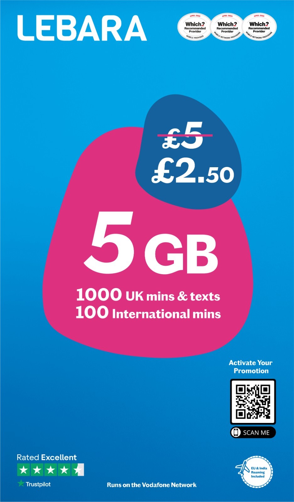 Lebara Mobile SIM Card with 5GB Data Plan for £2.50, No Contract, EU Roaming