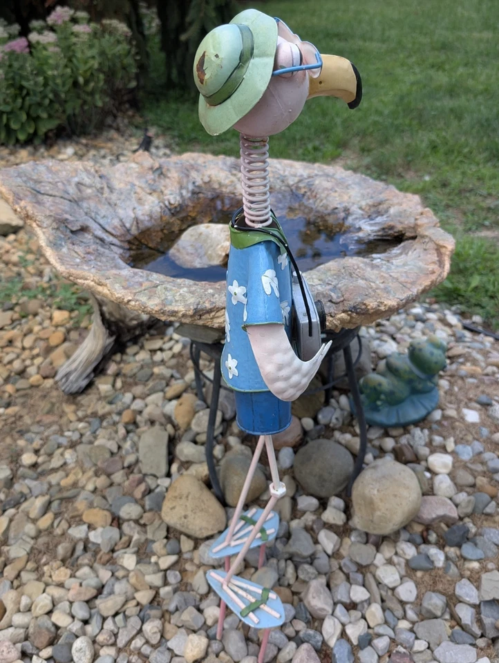 Yard Art Metal Tourist Flamingo Sculpture Hooked Beak Bird Camera Vtg 32" Tall - Image 3 of 4