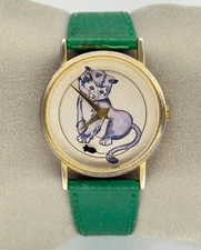 Vintage 90’s Emson Cat Moving Mouse Wristwatch Swiss Mice Quartz Gold Accents