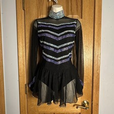 Custom Rhinestone Embellished Chevron Design Black Mesh Figure Skating Costume