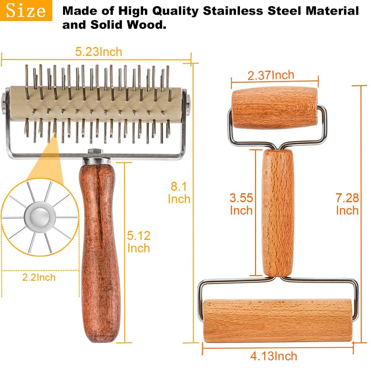 Dough Docker Roller Stainless Steel and Wooden Dough Roller, Set of 2 Pizza P...