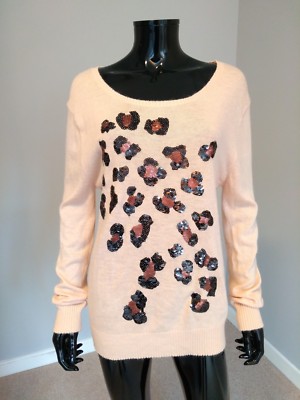 Wildfox Angora Blend Feinstrick Pullover Pfirsich Rosa Leopard Pailletten Gr. S