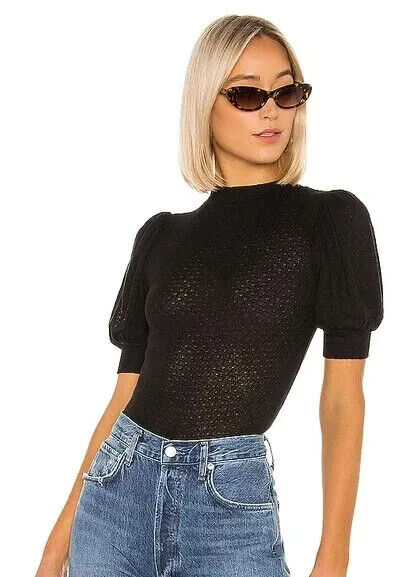 🌸🖤Free People Puff Sleeve Mock Neck Stretch Good Luck Pointelle Top Size M🖤🌸