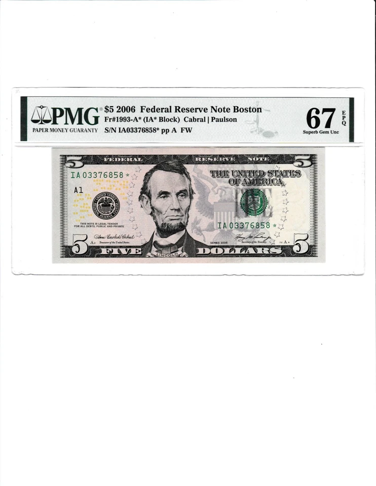 2006  $5  Federal Reserve Note STAR ⭐ Serial Numbers IA 03376858*  BOSTON PMG 67 - Image 2 of 3