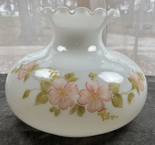 VTG 10" Floral Hurricane Oil/Electric Milk Glass Lamp Shade, Artist Signed