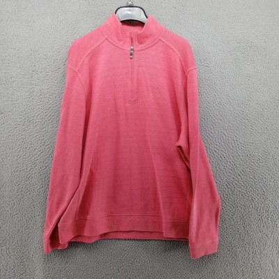 Tommy Bahama Sweater Mens Medium Pink Candy Rose 1/4 Zip Pullover Cotton Tencel