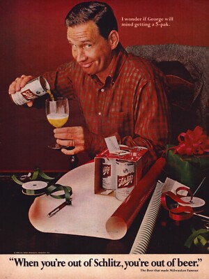 1966 Schlitz Beer Print Ad Christmas Wrapping Gifts Bows Tape Paper