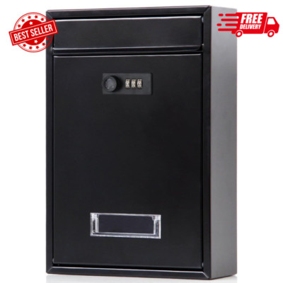 Locking Mailbox Wall Mounted Vertical  Medium, Black With Combination Lock