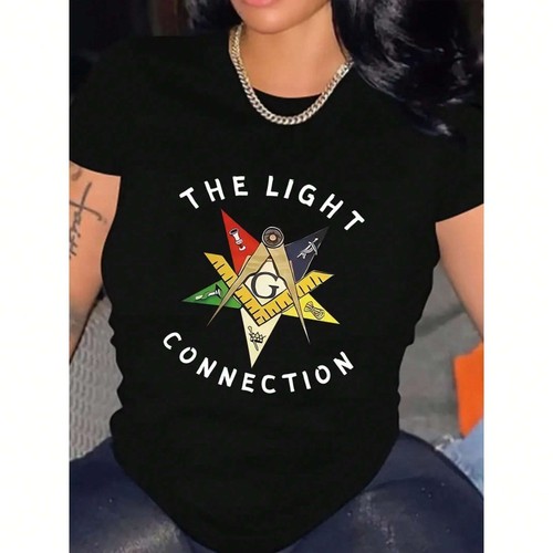 Women's Casual Round Neck T-shirt, Compass and Letter Print, Soft Summer Top - Picture 6 of 12