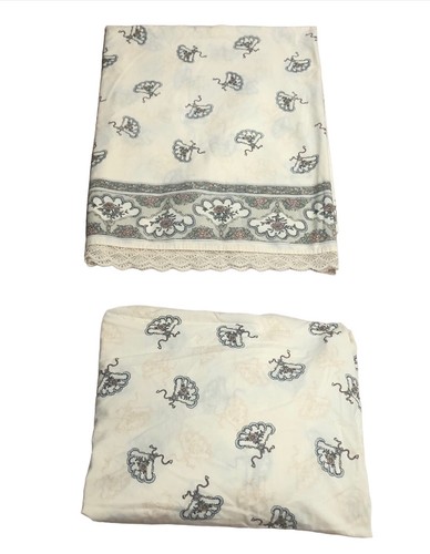 Vintage 80s LOUIS NICHOLE Victorian Floral Fans Lace FULL Fitted Flat Sheet Set - Picture 5 of 8