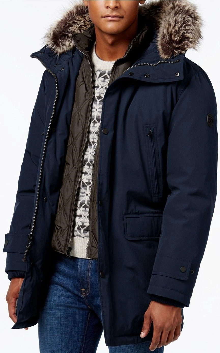 $375 Michael Kors Uomo Blu Piumino Parka Giacca Bavaglino Snorkel MK Logo Cappotto S