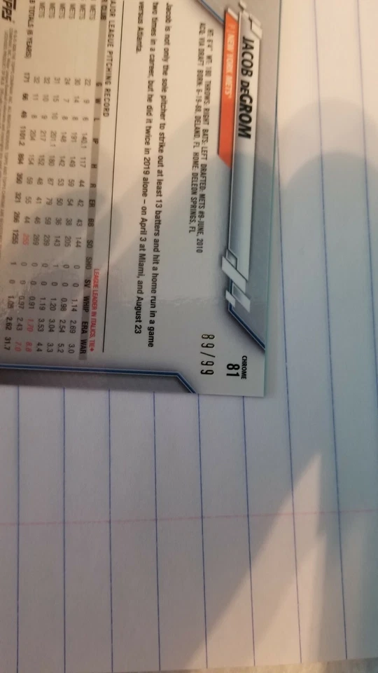 2020 Topps Chrome Ben Baller Jacob Degrom green parallel  - Image 3 of 3