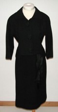 Claras Vintage 1950s Black Wool Suit with Floral Cord Buttons