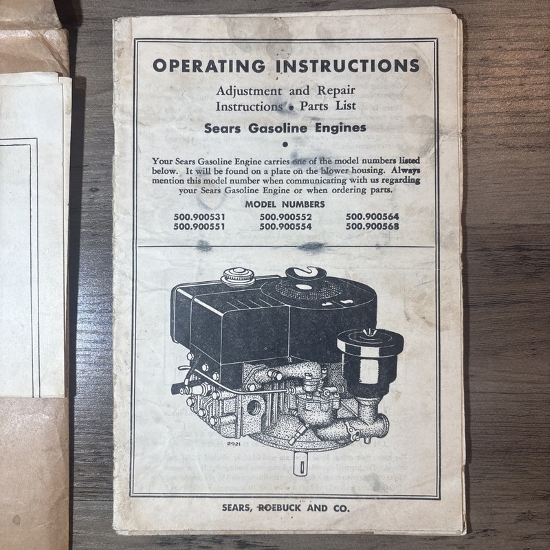 Vtg Sears Roebuck 500 Gasoline Engine Operating Instructions Parts Booklet 1956