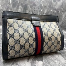 GUCCI GG Sherry Line Clutch Bag Second Bag Navy Beige Leather Logo From Japan