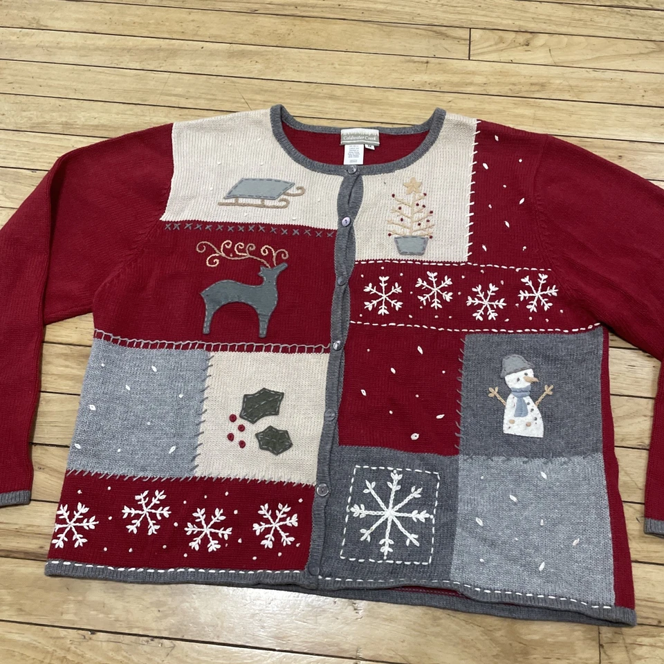 Рождественский пэчворк винтажный кардиган Coldwater Creek 1X красный серый коттедж Рами - Изображение 3 из 4