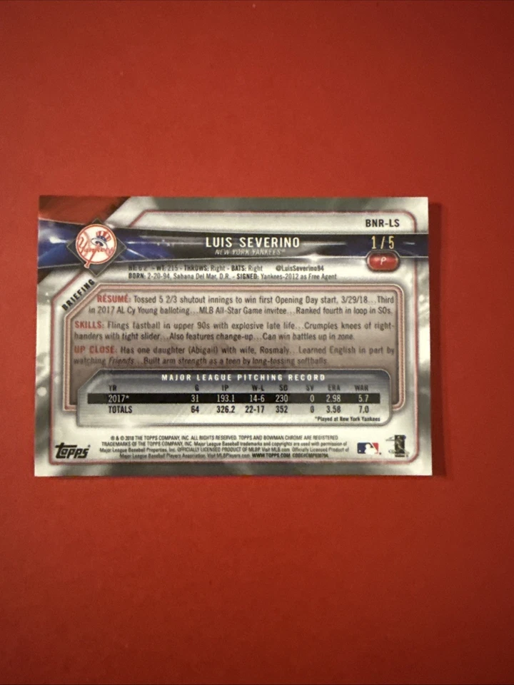 2018 Bowman Chrome National Red Refractor #BNR-LS Luis Severino #1/5 NY Yankees - Image 2 of 3