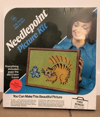 VTG 1974 Craft Master Needlepoint Kit Cat & Butterfly 45302 10''x14'' Sealed NOS