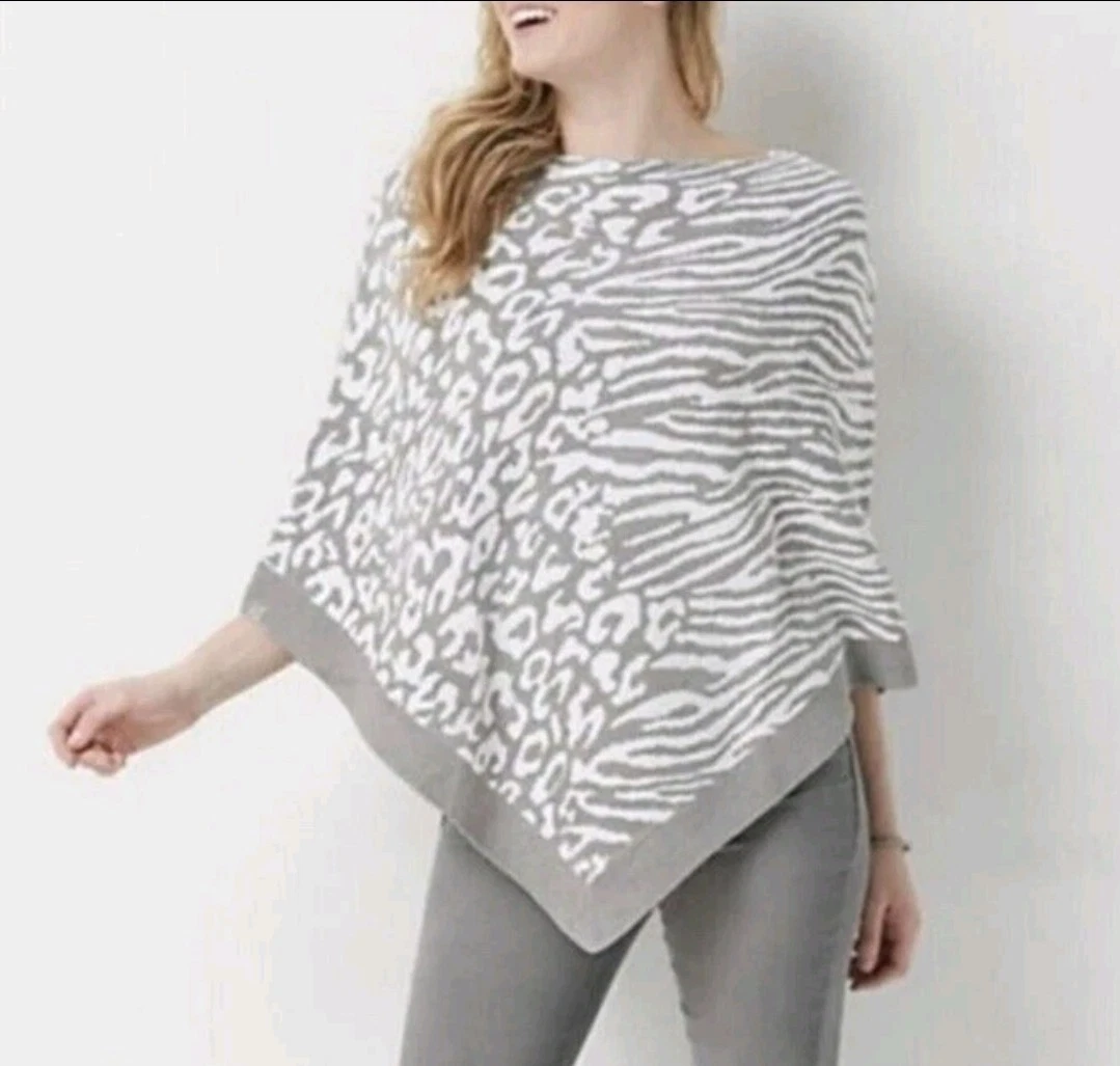 Nwt Barefoot Dreams Cozy Chic Ultralight Grey White Animal Print Poncho One Size