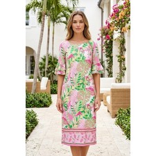 Pappagallo Pink Green Tropical Palm Leaf Ruffle Sleeve Shift Dress Knee Length
