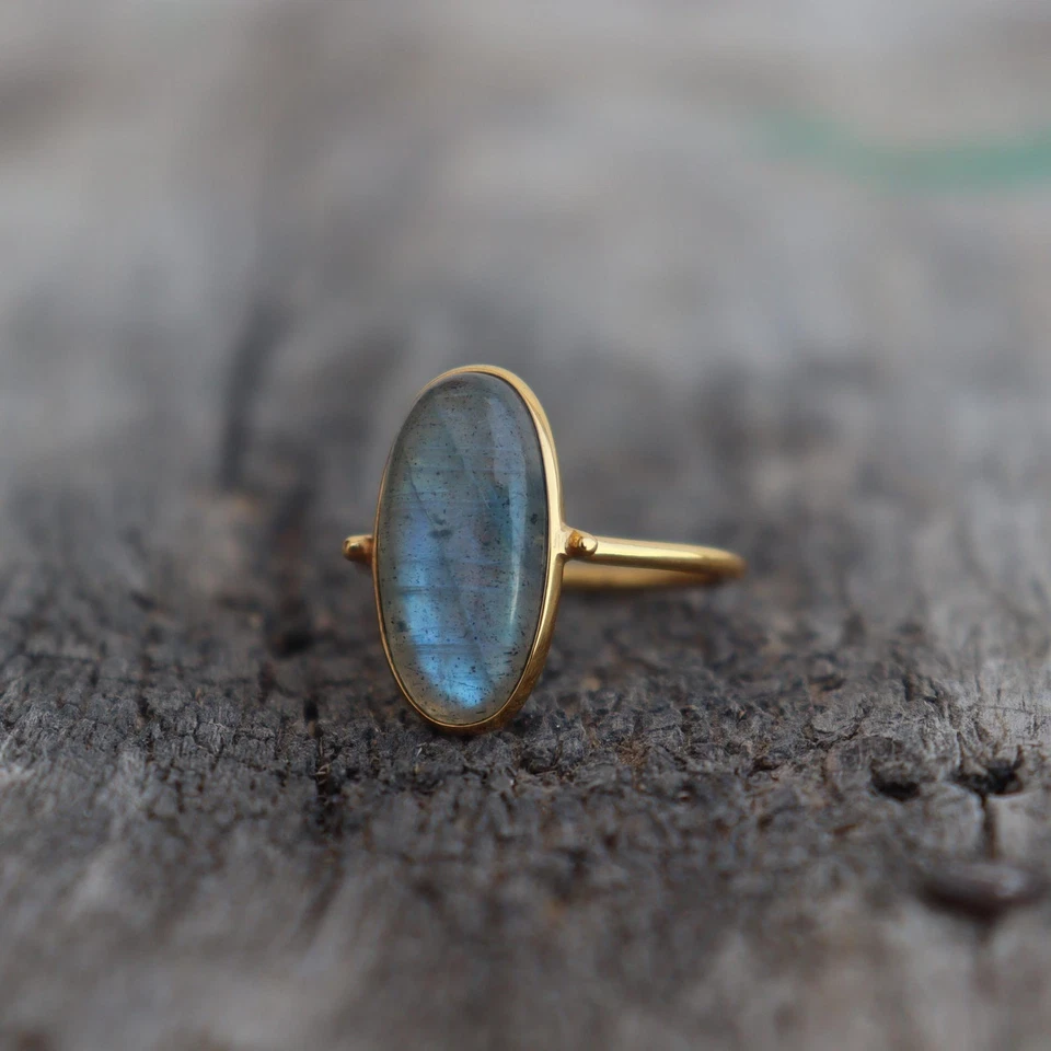 Long Gold Labradorite Ring 14kGold Plating Ring Gemstone 10*20MM Long Stone Ring - Image 3 of 4