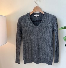 Ann Taylor Loft Charcoal Gray W/ Metallic Silver V-Neck Cable Knit Sweater MP