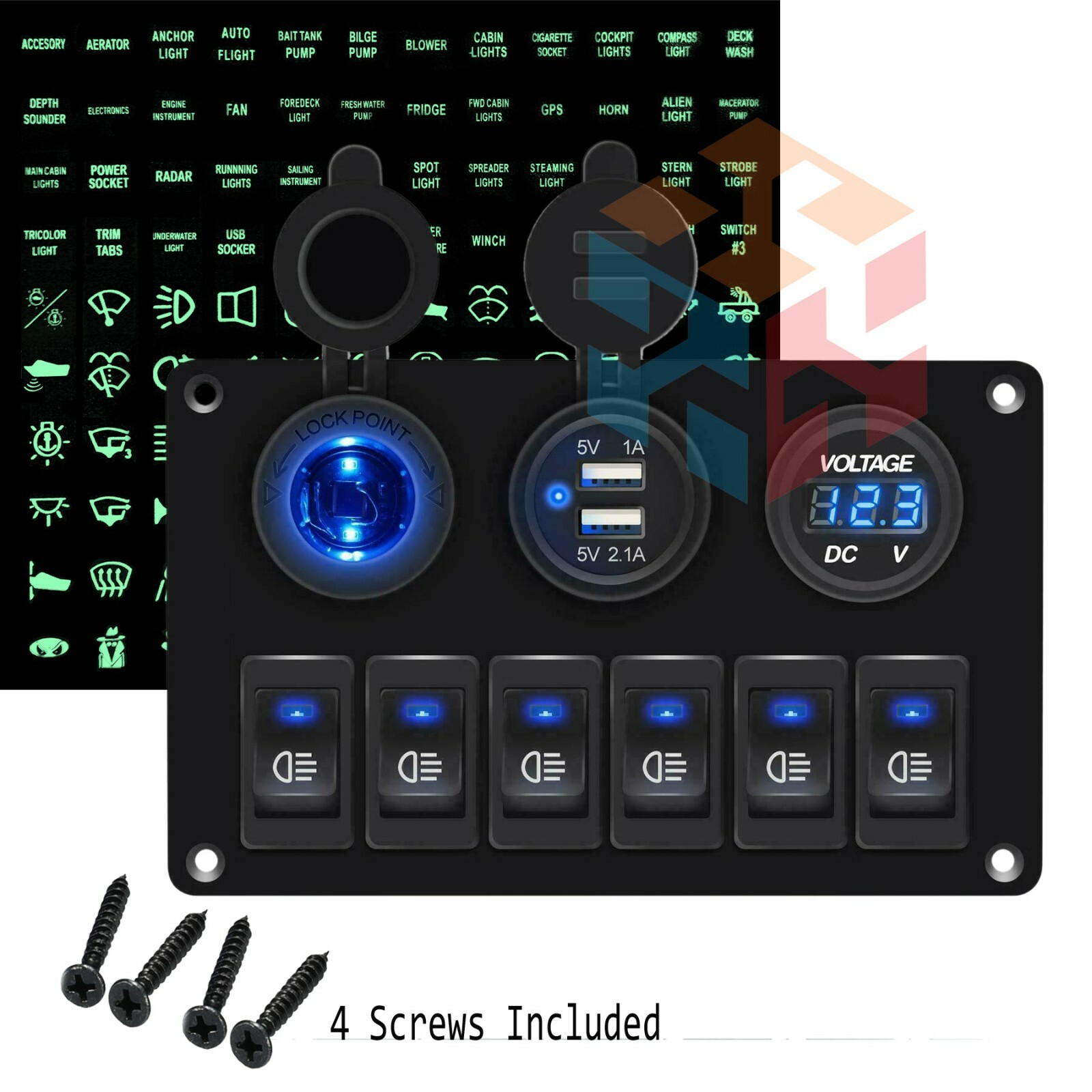 Car Marine Boat 6 Gang Waterproof Circuit Blue LED Rocker Switch Panel