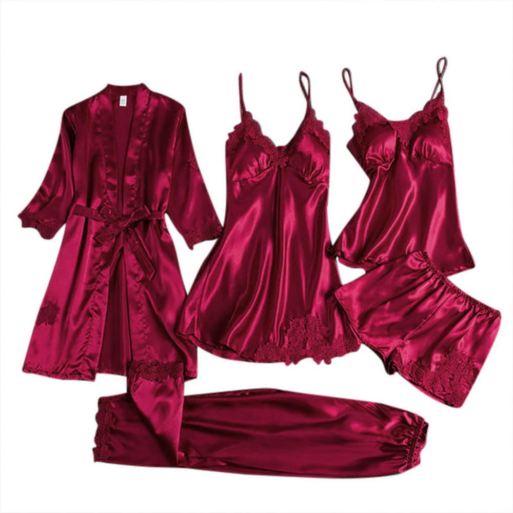 Women Silk Robe Sleep Suit Lace Satin Pajamas Gown Set V-Neck Nightwear 5pcs