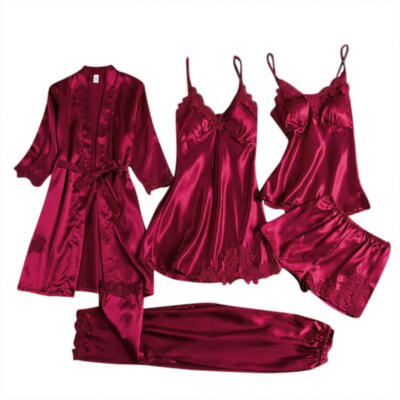 Women Silk Robe Sleep Suit Lace Satin Pajamas Gown Set V-Neck Nightwear  5pcs UK