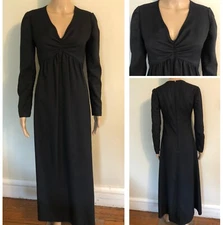 vtg 70s Black Crepe Fabric Maxi Dress Sz 14 Lightweight Empire Waist Long SlvEUC