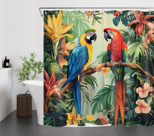 Summer Green Palm Leaves Parrot Bird Shower Curtain Bathroom Accessories Set - 第 5/23 張圖片