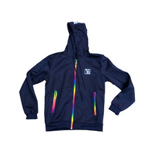 YH 90 Sport Rainbow Trim Hoodie Jacket Womens LARGE Polyester Track Blue